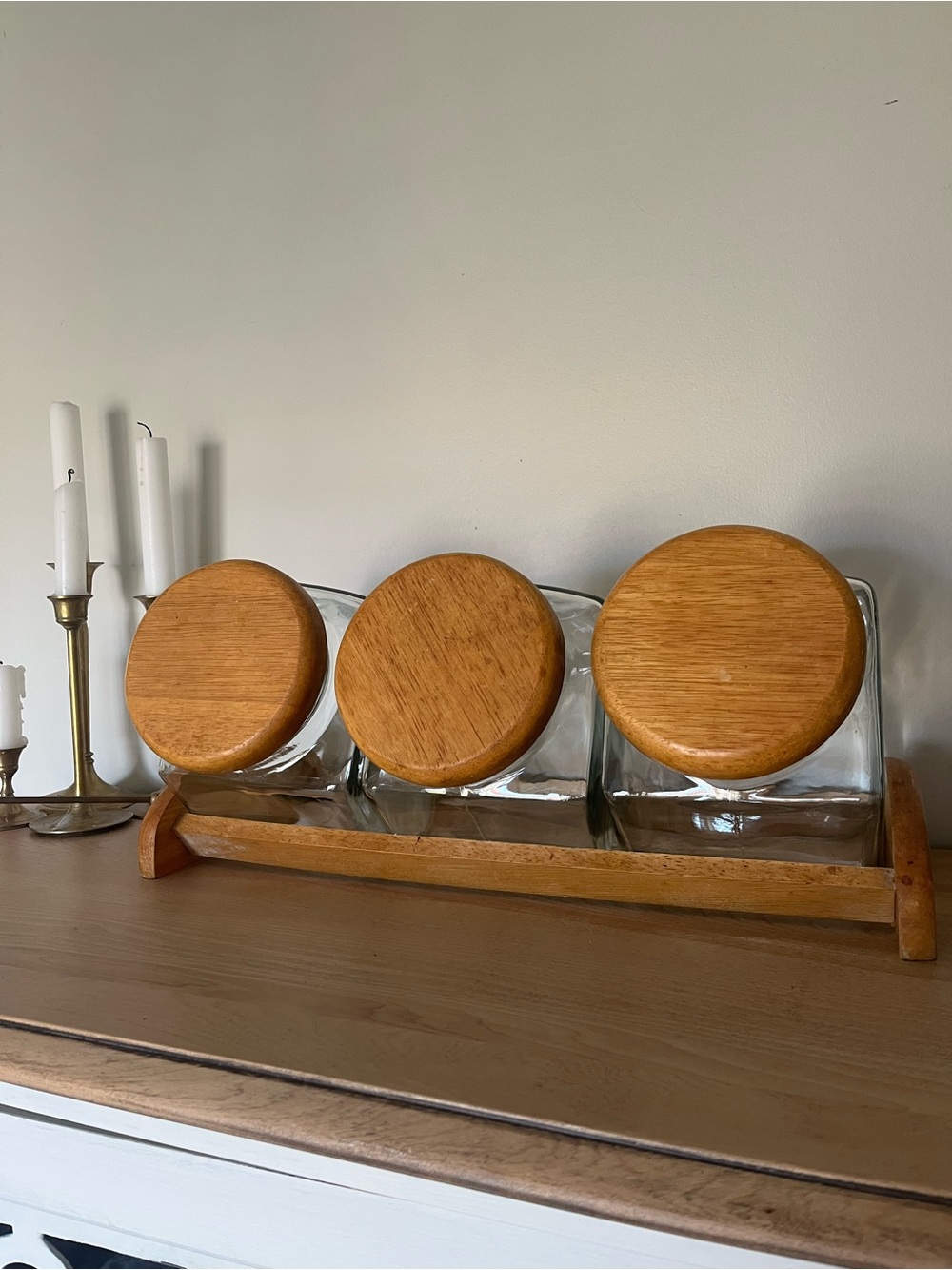 Vintage Triple Glass Canister Set with Wooden Lids